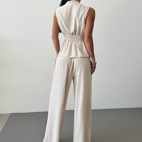 Apricot Elegant Women's Surplice Sleeveless Belted Blouse & Wide leg Pant Set - Picture 2 of 7